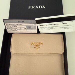 Authentic Prada Saffiano Leather Compact Wallet in Soft Beige with Gold Logo